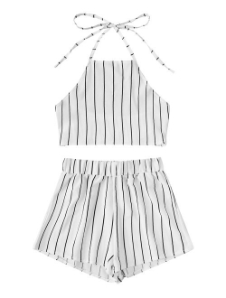 Women's 2 Piece Outfit Summer Striped V Neck Crop Cami Top with Shorts