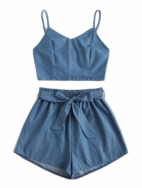 MAKEMECHIC Women's 2 Piece Outfit Summer Striped V Neck Crop Cami Top with Shorts