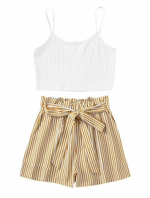 MAKEMECHIC Women's 2 Piece Outfit Summer Striped V Neck Crop Cami Top with Shorts