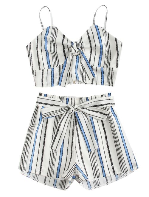 MAKEMECHIC Women's 2 Piece Outfit Summer Striped V Neck Crop Cami Top with Shorts