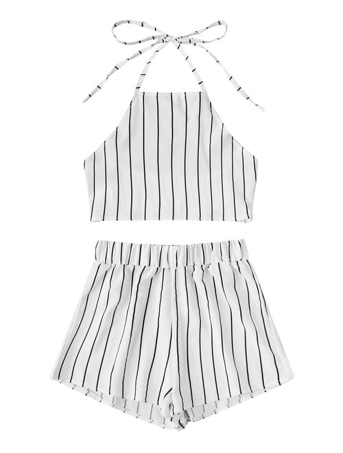 MAKEMECHIC Women's 2 Piece Outfit Summer Striped V Neck Crop Cami Top with Shorts