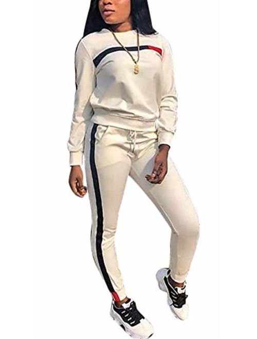 LKOUS Women's Stripe 2 Pieces Outfits Long Sleeve Hoodies Sweatshirt Shirt Tops and Bodycon Long Pant Tracksuit Set Plus Size