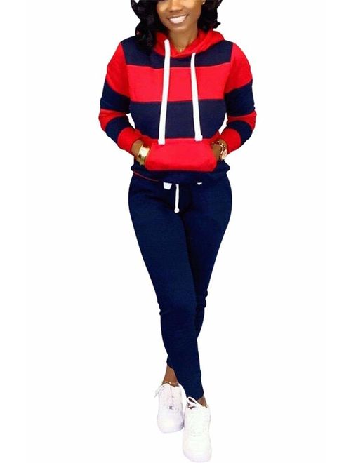 LKOUS Women's Stripe 2 Pieces Outfits Long Sleeve Hoodies Sweatshirt Shirt Tops and Bodycon Long Pant Tracksuit Set Plus Size