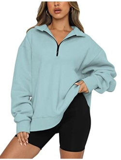 SAFRISIOR Womens Oversized Half Zip Sweatshirt Drop Shoulder Long Sleeves Collar Quarter 1/4 Zipper Pullover