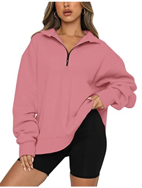 SAFRISIOR Womens Oversized Half Zip Sweatshirt Drop Shoulder Long Sleeves Collar Quarter 1/4 Zipper Pullover