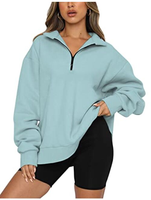 SAFRISIOR Womens Oversized Half Zip Sweatshirt Drop Shoulder Long Sleeves Collar Quarter 1/4 Zipper Pullover