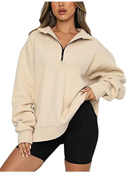 SAFRISIOR Womens Oversized Half Zip Sweatshirt Drop Shoulder Long Sleeves Collar Quarter 1/4 Zipper Pullover