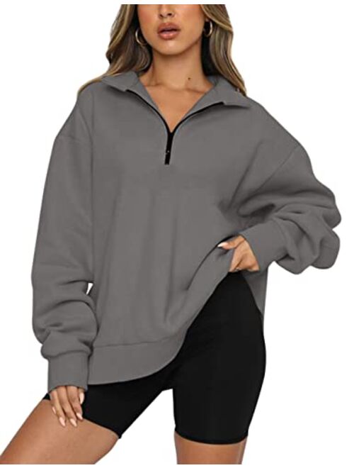 SAFRISIOR Womens Oversized Half Zip Sweatshirt Drop Shoulder Long Sleeves Collar Quarter 1/4 Zipper Pullover