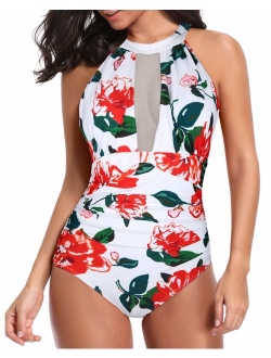 Women One Piece Swimsuit High Neck Plunge Mesh Ruched Monokini Swimwear