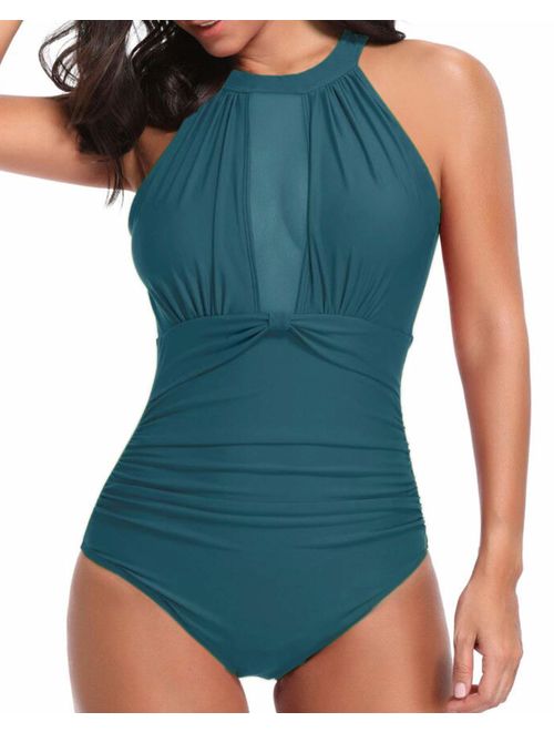 Tempt Me Women One Piece Swimsuit High Neck Plunge Mesh Ruched Monokini Swimwear