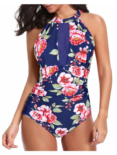 Tempt Me Women One Piece Swimsuit High Neck Plunge Mesh Ruched Monokini Swimwear