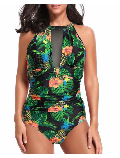 Tempt Me Women One Piece Swimsuit High Neck Plunge Mesh Ruched Monokini Swimwear