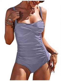 Womens One Piece Swimsuit Elegant Inspired Vintage Pin up Monokinis Tummy Control Swimwear Shirred Bathing Suits