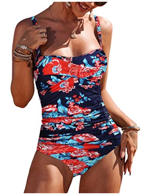 Ekouaer Womens One Piece Swimsuit Elegant Inspired Vintage Pin up Monokinis Tummy Control Swimwear Shirred Bathing Suits