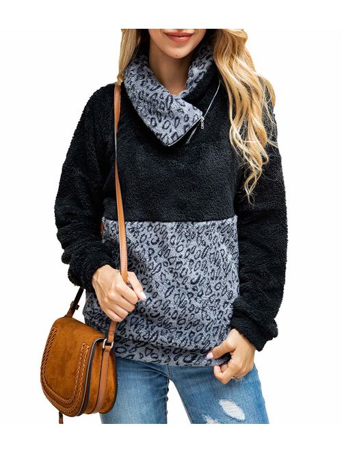 KIRUNDO 2019 Women's Winter Lapel Sweatshirt Faux Shearling Shaggy Warm Leopard Pullover Zipped Up with Pockets Outwear