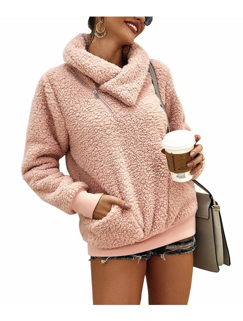 KIRUNDO 2019 Women's Winter Lapel Sweatshirt Faux Shearling Shaggy Warm Leopard Pullover Zipped Up with Pockets Outwear