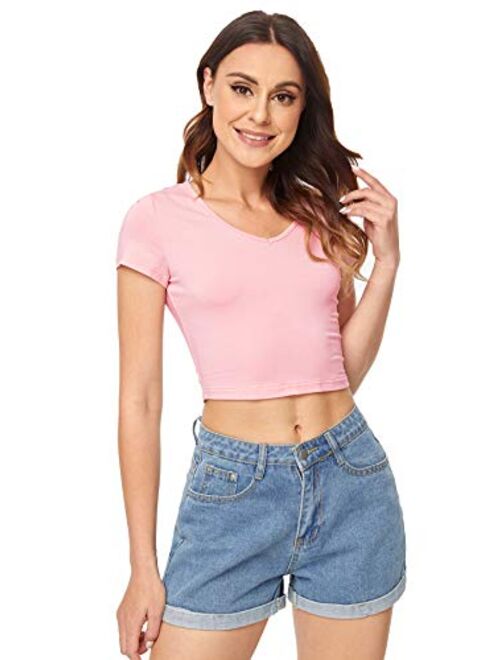 SweatyRocks Women's Basic Short Sleeve Scoop Neck Crop Top