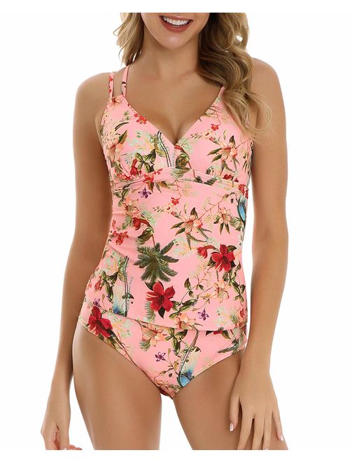 HAIVIDO Women's V Neck Tankini Set Criss Cross Back Tankini Top with Bikini Bottom Two Piece Bathing Suits