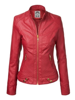 MBJ Womens Faux Leather Zip Up Moto Biker Jacket with Stitching Detail