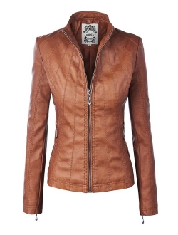 MBJ Womens Faux Leather Zip Up Moto Biker Jacket with Stitching Detail