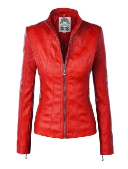 MBJ Womens Faux Leather Zip Up Moto Biker Jacket with Stitching Detail