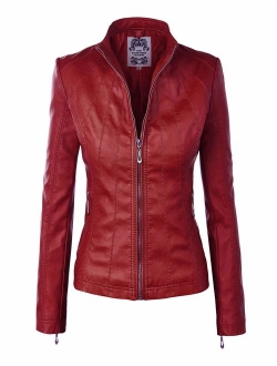 MBJ Womens Faux Leather Zip Up Moto Biker Jacket with Stitching Detail