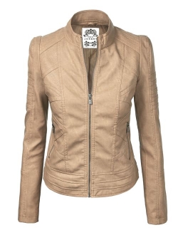 MBJ Womens Faux Leather Zip Up Moto Biker Jacket with Stitching Detail
