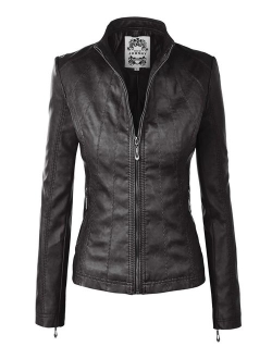 MBJ Womens Faux Leather Zip Up Moto Biker Jacket with Stitching Detail