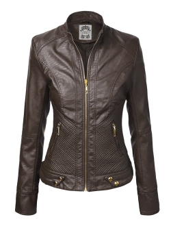 MBJ Womens Faux Leather Zip Up Moto Biker Jacket with Stitching Detail