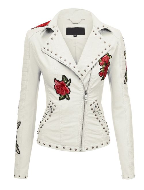 Made By Johnny MBJ Womens Faux Leather Zip Up Moto Biker Jacket with Stitching Detail