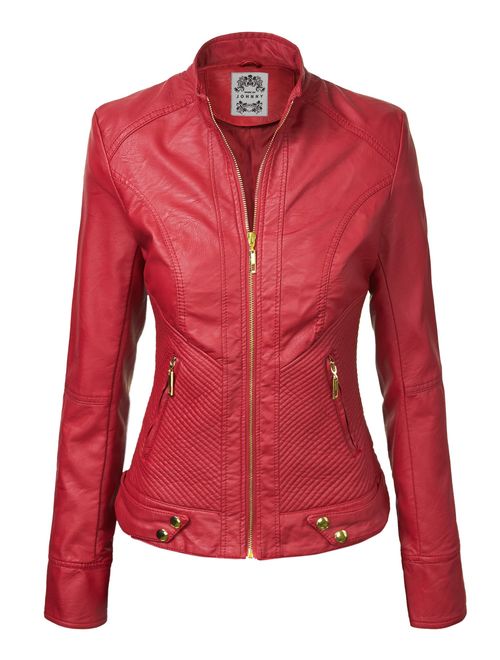 Made By Johnny MBJ Womens Faux Leather Zip Up Moto Biker Jacket with Stitching Detail