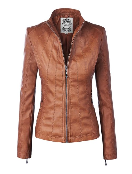 Made By Johnny MBJ Womens Faux Leather Zip Up Moto Biker Jacket with Stitching Detail