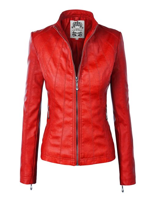 Made By Johnny MBJ Womens Faux Leather Zip Up Moto Biker Jacket with Stitching Detail