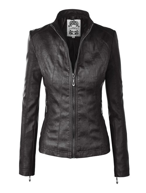 Made By Johnny MBJ Womens Faux Leather Zip Up Moto Biker Jacket with Stitching Detail