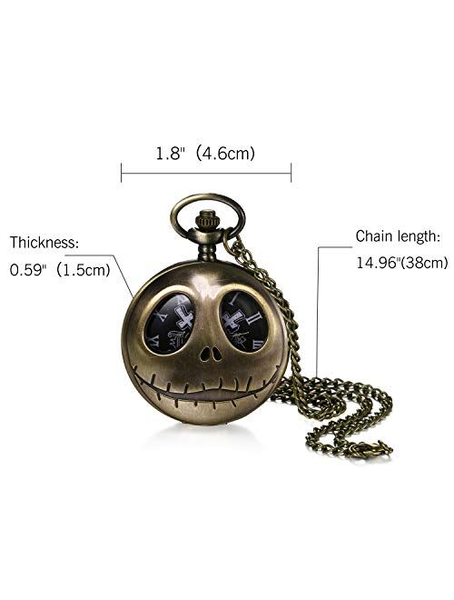 Avaner Retro Bronze Engraved Tim Burton's Nightmare Before Christmas Arabic Numerals Quartz Pocket Watch Chain 31 inches for Women Men