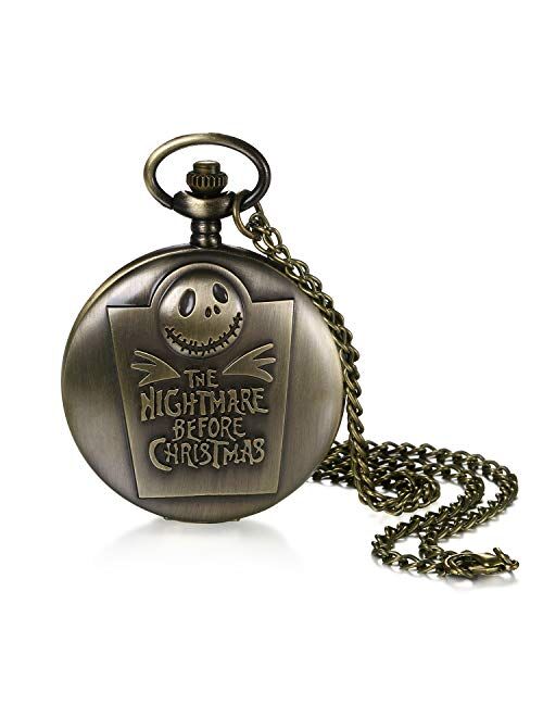 Avaner Retro Bronze Engraved Tim Burton's Nightmare Before Christmas Arabic Numerals Quartz Pocket Watch Chain 31 inches for Women Men