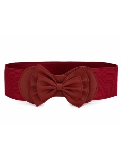 Women Bowtie Ornament Press Stud Button Elastic Waist Cinch Belt