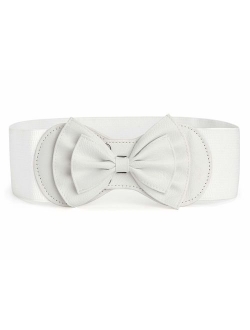 Women Bowtie Ornament Press Stud Button Elastic Waist Cinch Belt