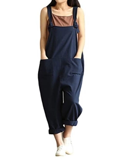 Women's Casual Cotton Linen Plus Size Overalls Baggy Wide Leg Loose Rompers Jumpsuit