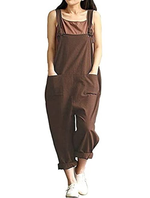 Women's Casual Cotton Linen Plus Size Overalls Baggy Wide Leg Loose Rompers Jumpsuit