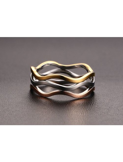 VNOX Womens Girls Stainless Steel Tri-Color Wave Band Ring for Wedding Promise Engagement