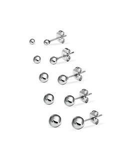 5 Pair Set Stainless Steel Round Ball Stud Earrings for Women Men & Teens, Assorted Colors