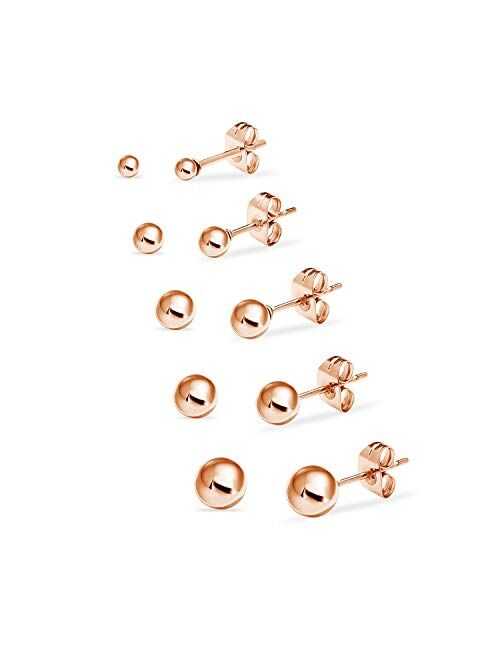 5 Pair Set Stainless Steel Round Ball Stud Earrings for Women Men & Teens, Assorted Colors