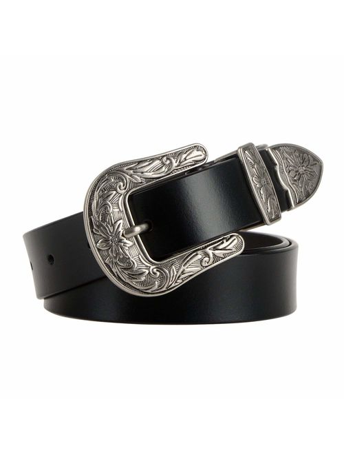 Women Leather Belts Ladies Vintage Western Design Black Waist Belt for Pants Jeans Dresses