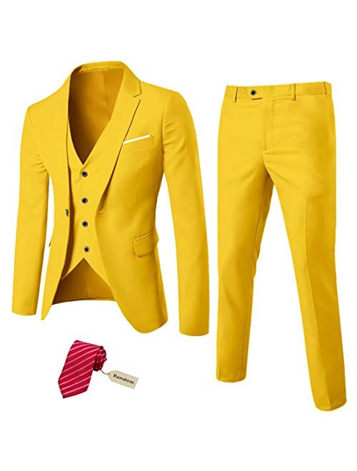 MYS Men's 3 Piece Suit Blazer Slim Fit One Button Notch Lapel Dress Business Wedding Party Jacket Vest Pants & Tie Set