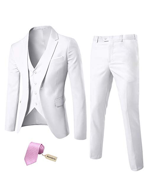 MYS Men's 3 Piece Suit Blazer Slim Fit One Button Notch Lapel Dress Business Wedding Party Jacket Vest Pants & Tie Set