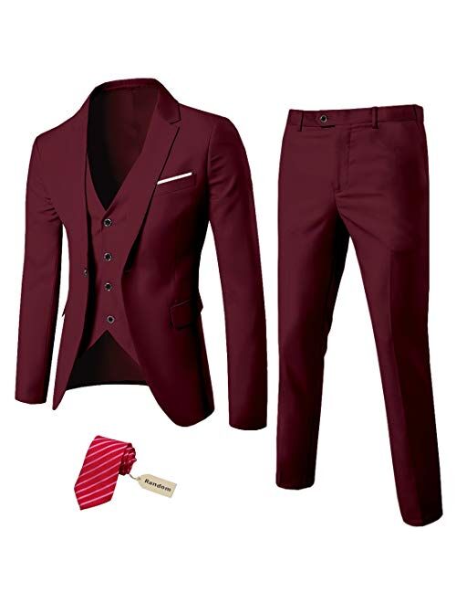 MYS Men's 3 Piece Suit Blazer Slim Fit One Button Notch Lapel Dress Business Wedding Party Jacket Vest Pants & Tie Set