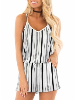 Womens Summer Loose V Neck Spaghetti Strap Short Jumpsuit Rompers