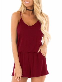 Womens Summer Loose V Neck Spaghetti Strap Short Jumpsuit Rompers