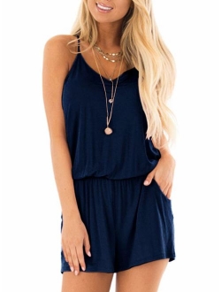 Womens Summer Loose V Neck Spaghetti Strap Short Jumpsuit Rompers